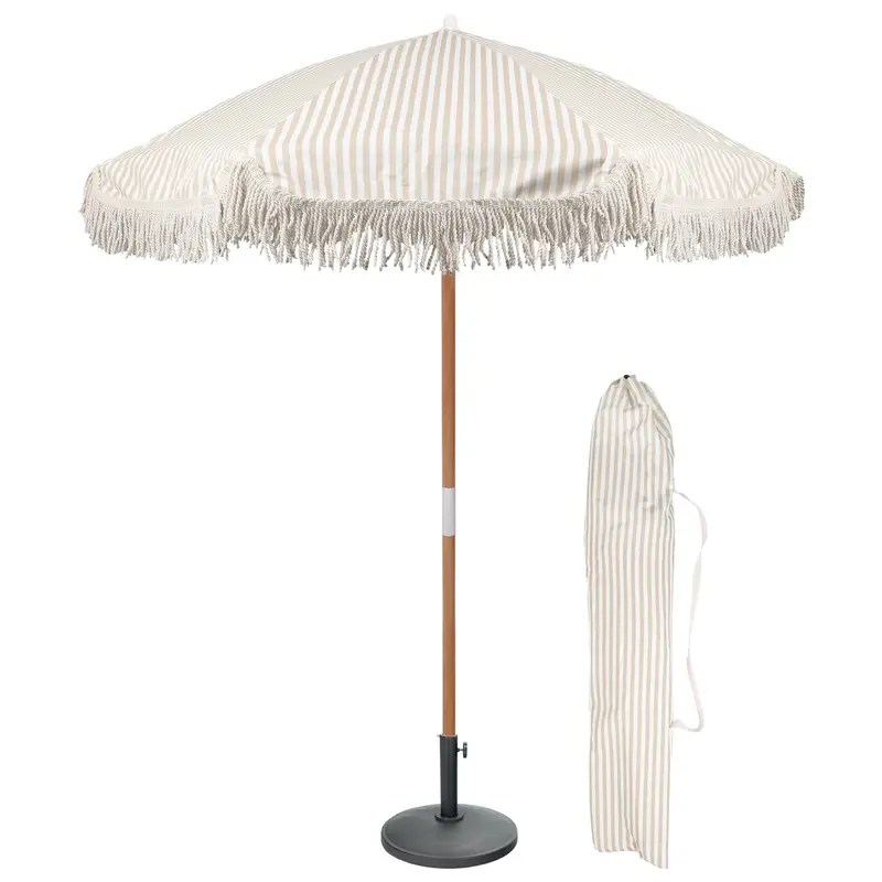 1.4M Tassel-Fringed Wooden Garden Parasol With Heavy-Duty Base 1