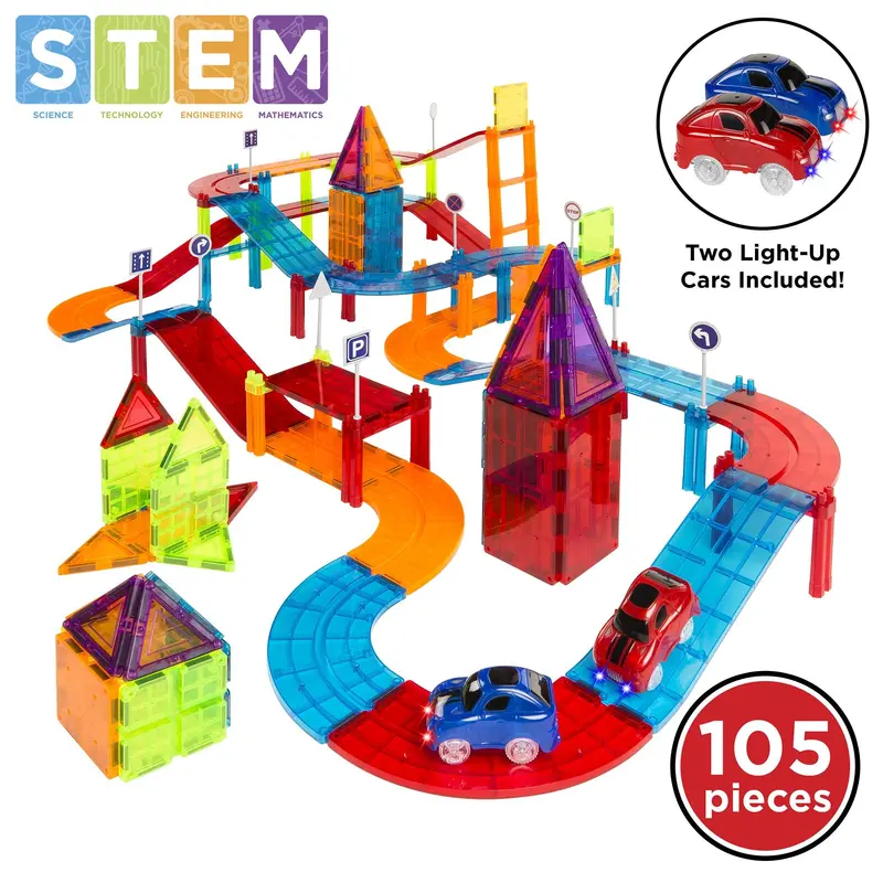 105-Piece Magnetic Tile Race Track Set For Kids – Includes 2 Toy Cars 1