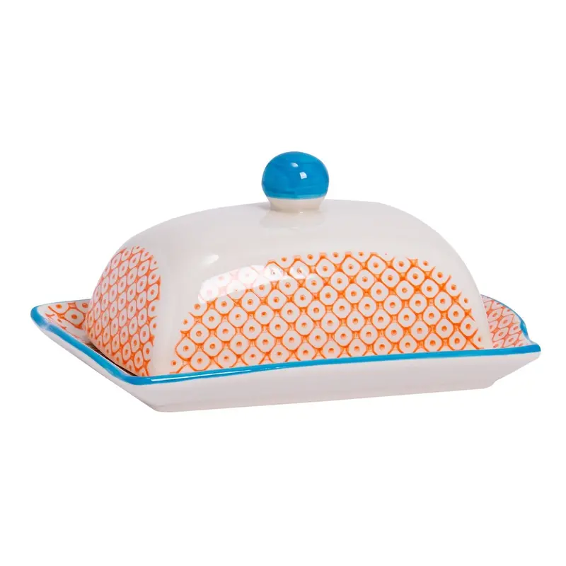 18.5Cm Hand-Printed Butter Dish With Lid 1