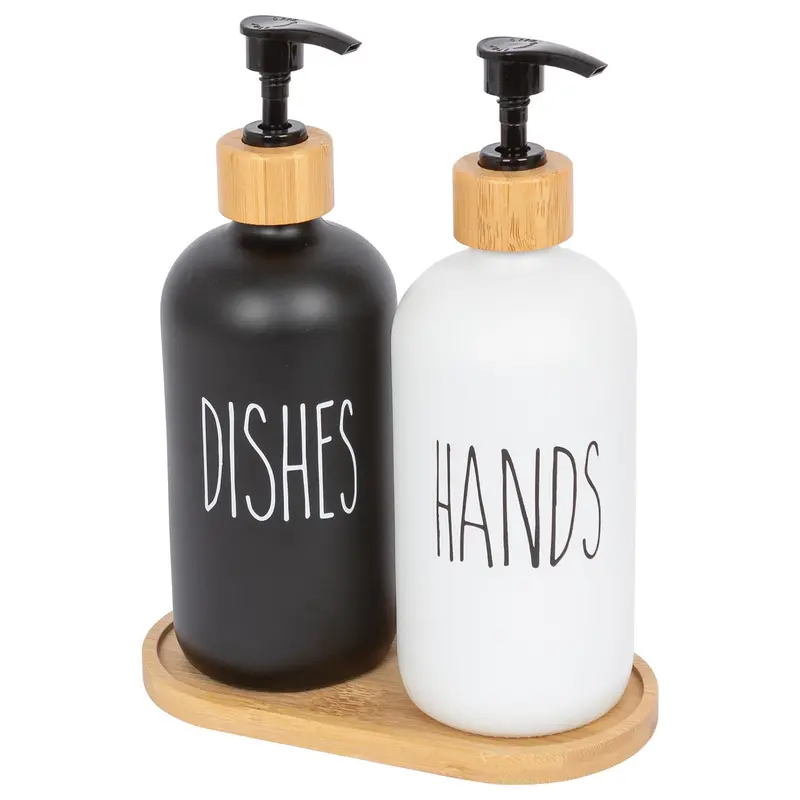 2-Piece 500Ml Black And White Glass Soap Dispenser Set With Bamboo Tray 1