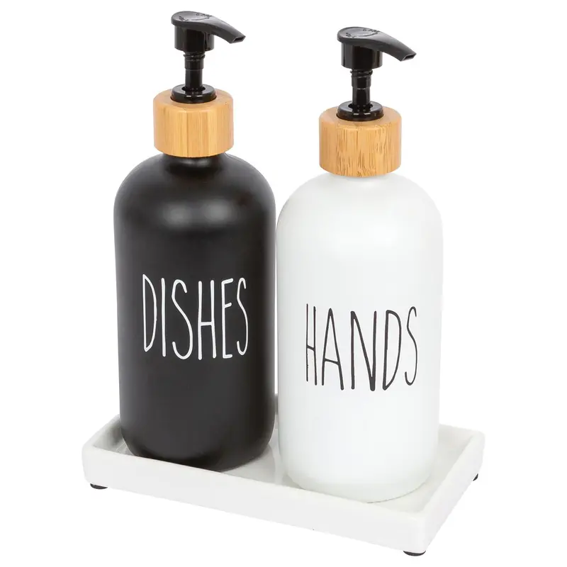 2-Piece Black & White Glass Soap Dispenser Set – 500Ml Hand & Dish Soap Bottles With Ceramic Tray 1