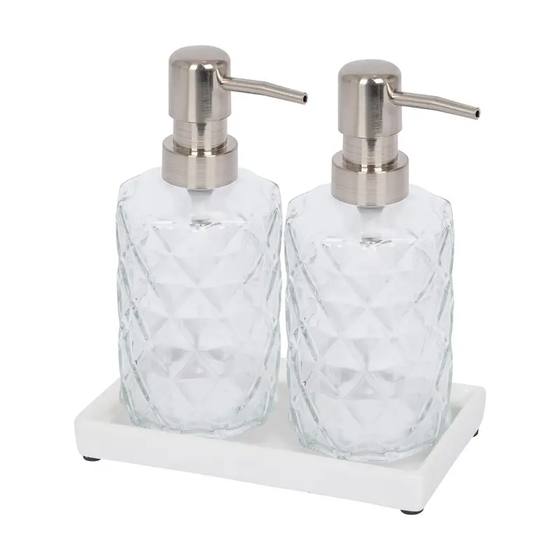 2-Piece Prism Glass Soap Dispenser Set – 330Ml Bottles With Matching Ceramic Tray 1