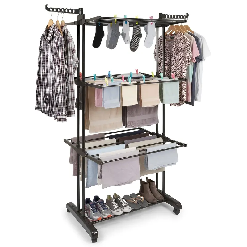 4-Tier Wheeled Folding Clothes Airer – Powder-Coated Black Metal 1