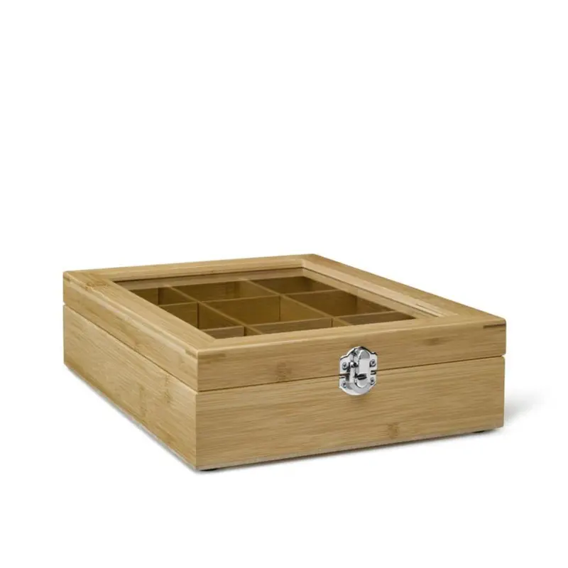 9-Compartment Bamboo Tea Organizer With Clear Viewing Window 1