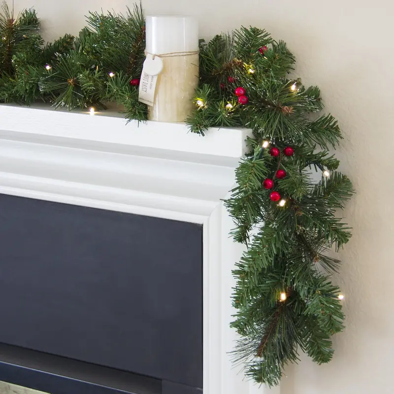 9-Foot Pre-Lit Holiday Garland With 50 Warm White Lights, Pinecones, And Red Berries 1