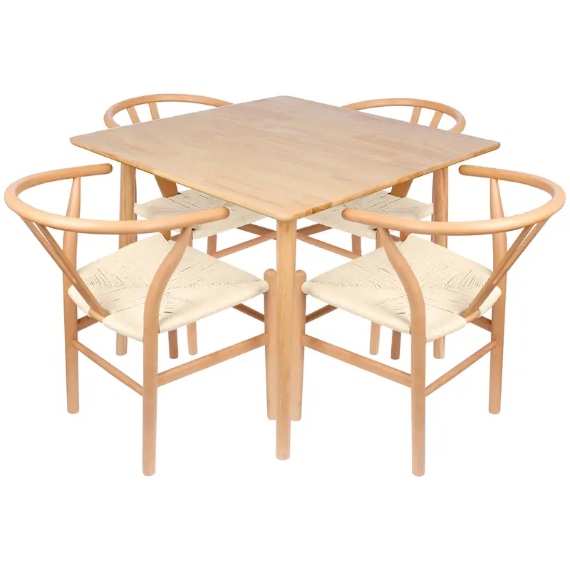90Cm Square Beige Wooden Dining Table With Matching Beige Wishbone Chairs (5-Piece Set) 1