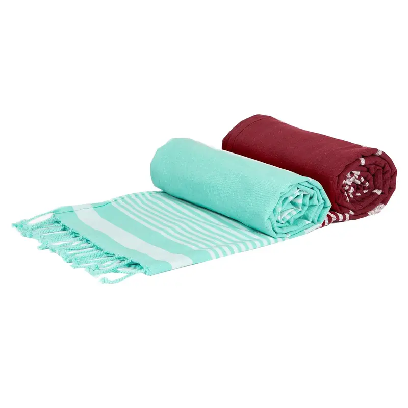 Aqua And Burgundy Turkish Cotton Bath Towel Set – 160X90Cm, 2-Piece 1