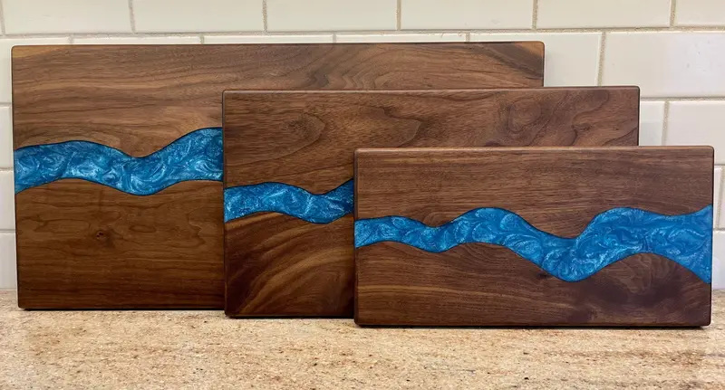 Artisan Epoxy River Serving Board – Natural Walnut Grain With Blue Resin Flow 1