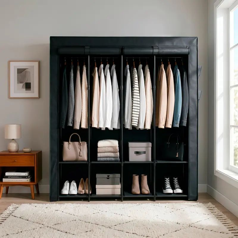 Black 170Cm Fabric Portable Wardrobe – Easy Assembly Storage Unit 1