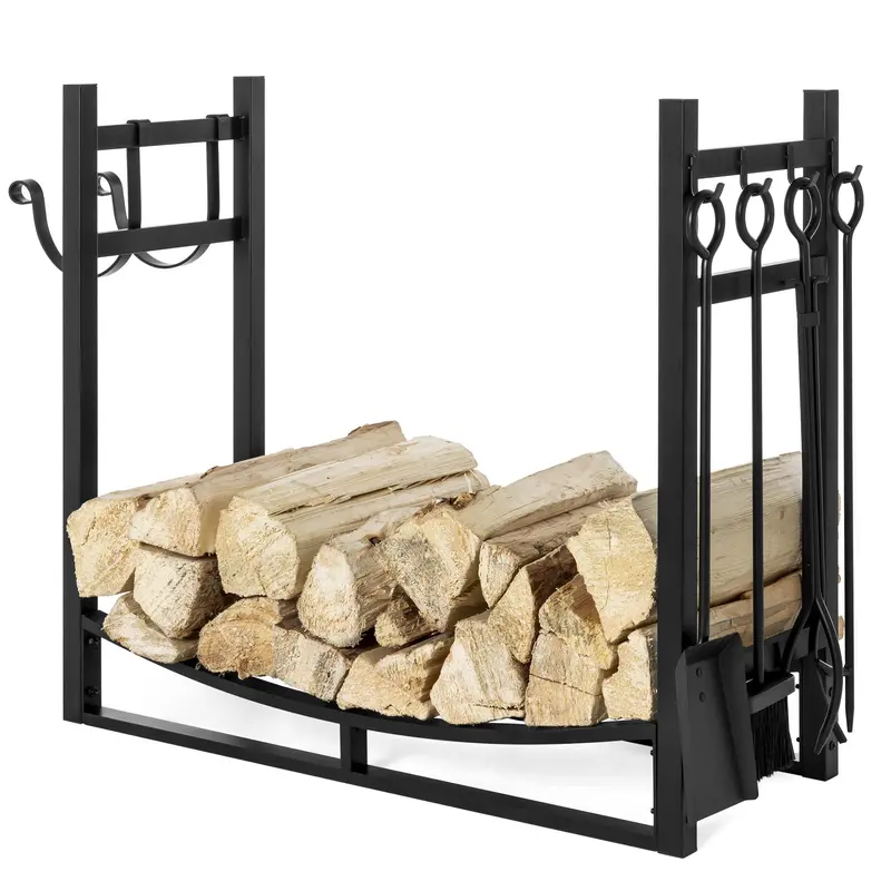 Black Firewood Storage Rack With Integrated Kindling Holder 1