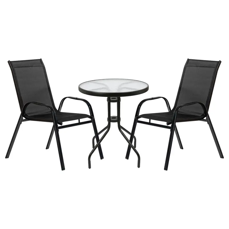 Black Round Glass-Top Patio Set – 3-Piece Outdoor Furniture Ensemble 1