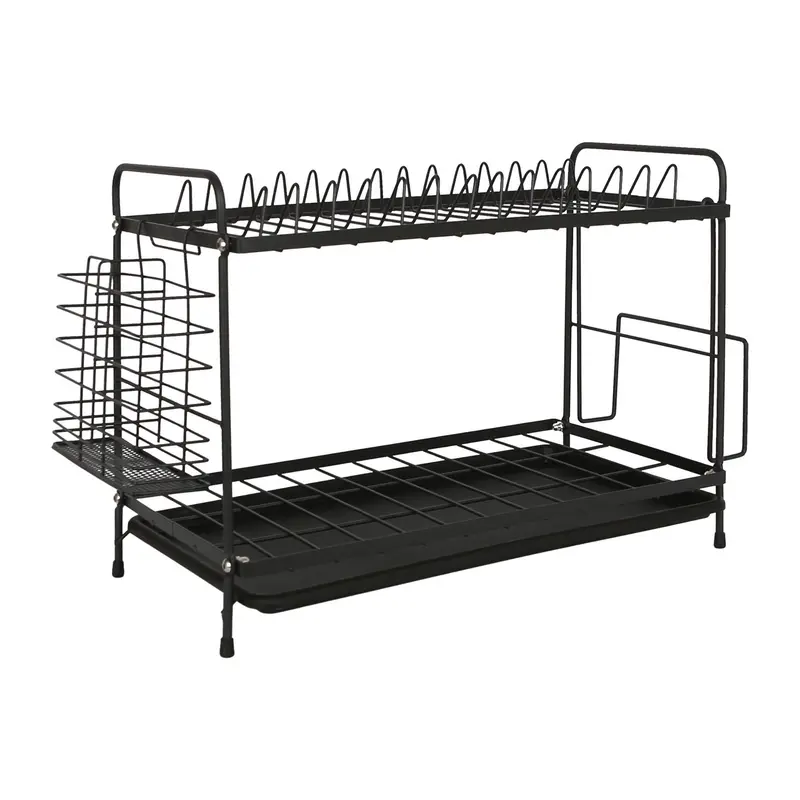 Black Two-Tier Metal Dish Drying Rack With Integrated Drip Tray 1