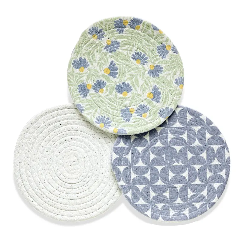 Blue Coneflower Cotton Kitchen Trivets – Set Of 3, 8" Each By Werkshoppe 1