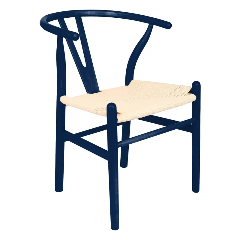 Blue Wooden Wishbone Dining Chair With Beige Woven Seat 1