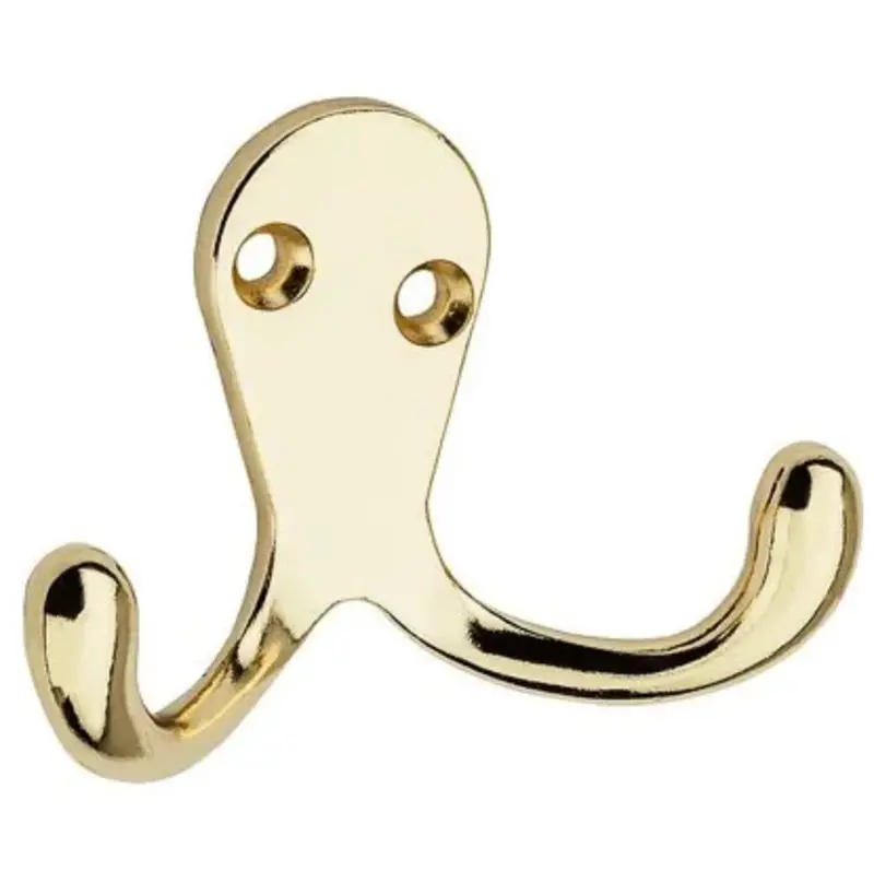 Bright Brass Double-Prong Wall-Mount Clothing Hook – 2-Pack 1