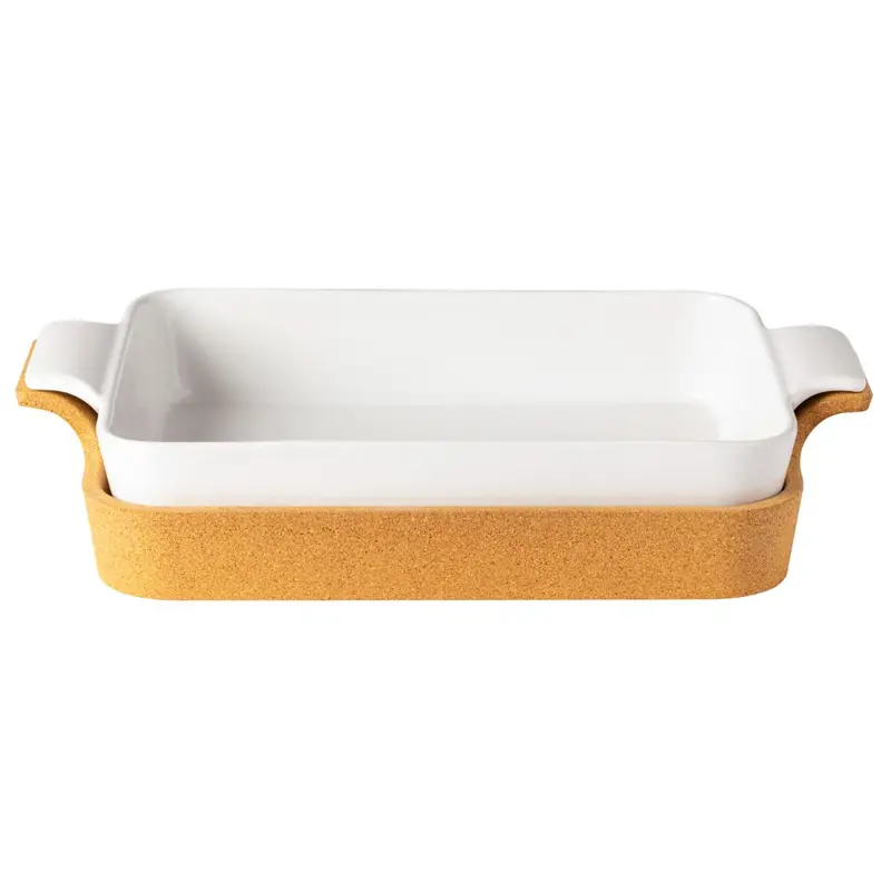 Casafina Ensemble White Rectangular Ceramic Baking Dish With Cork Base 1