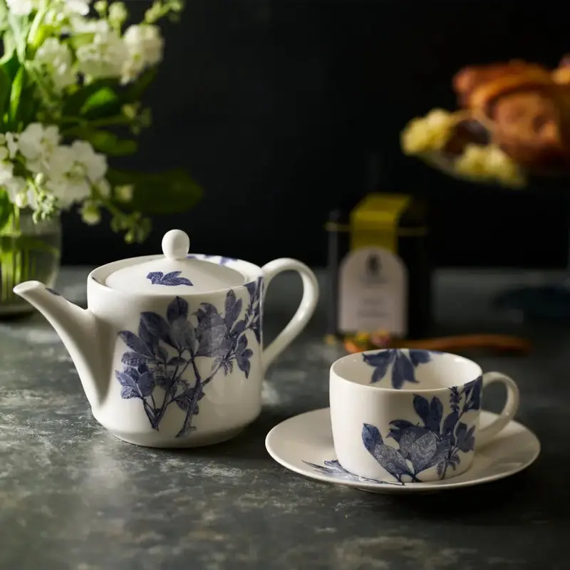 Caskata Blue Arbor Set Of 2 Coffee Cups With Saucers 1