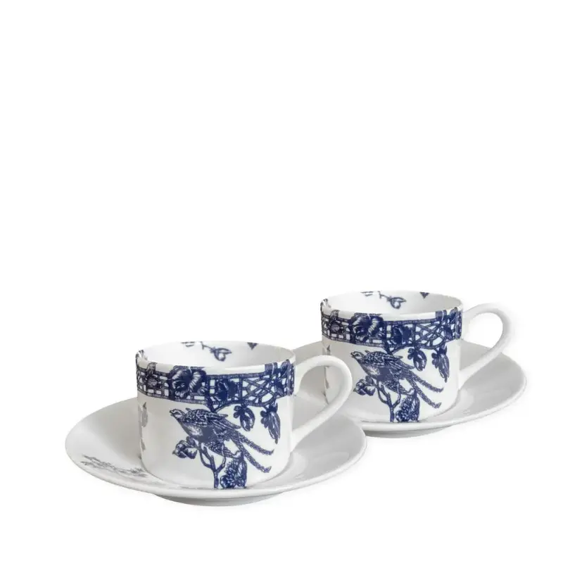 Caskata Chinoiserie Toile Blue Porcelain Cups And Saucers (2-Piece Set) 1