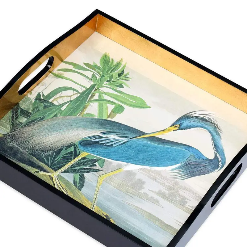 Caspari Audubon Heron Lacquer Tray – 14" Square Serving Platter 1
