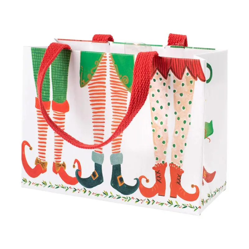 Caspari Elf-Themed Small Gift Bag With Stocking Motif 1