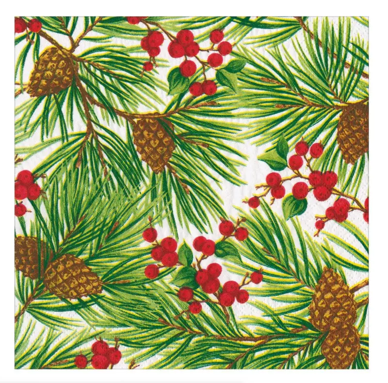 Caspari Evergreen & Berries White Christmas Napkins (20-Pack) 1