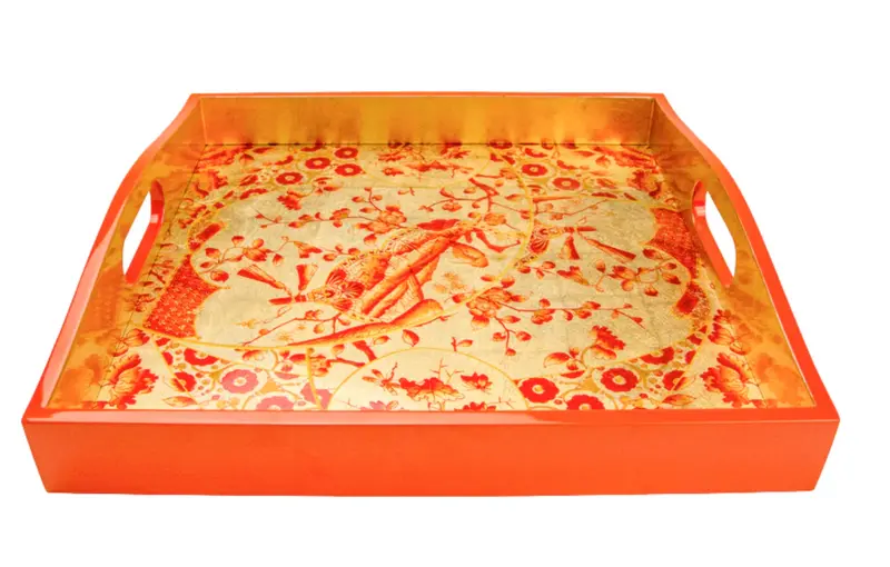 Caspari Gilded Coral & Gold Lacquer Porcelain Square Tray – 14" × 14" 1