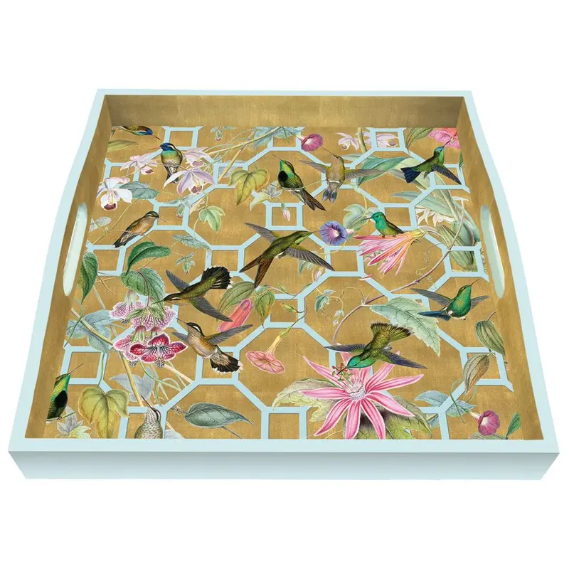Caspari Hummingbird Trellis Ivory-Gold Lacquered Square Tray – 14" X 14", Elegant Serving Or Decor Piece 1