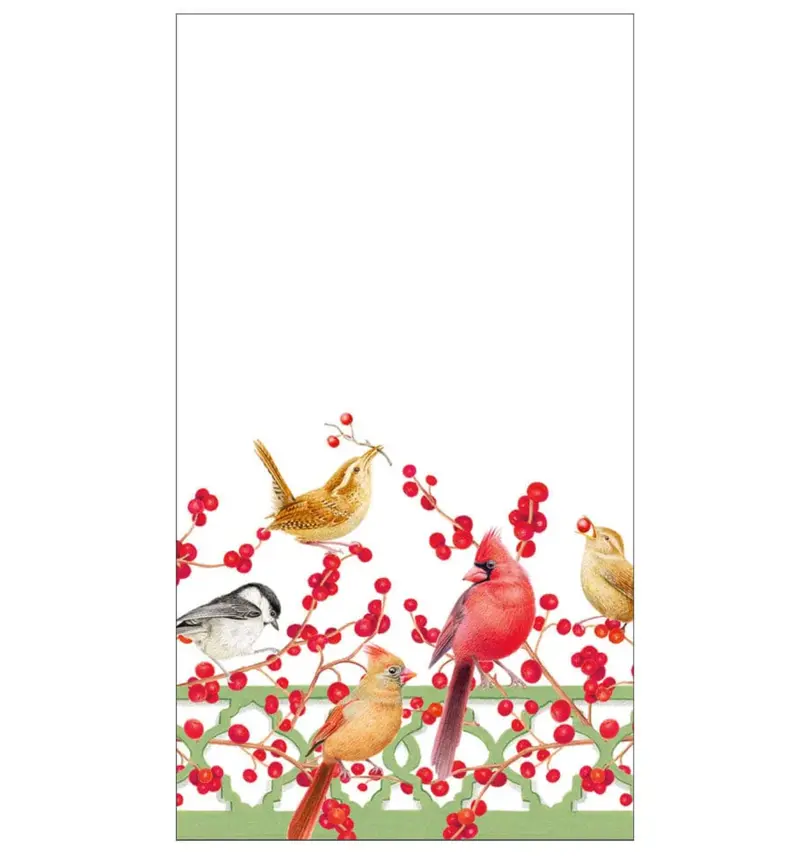 Caspari Winter Birds & Berries Recycled Holiday Guest Towels – Set Of 15 1
