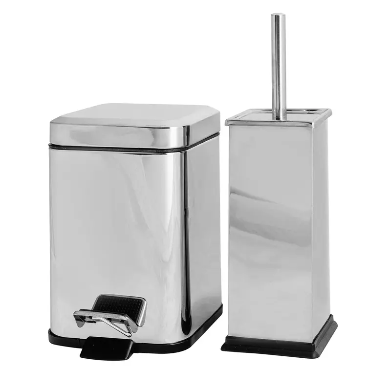 Chrome Square Toilet Brush And Pedal Bin Set 1