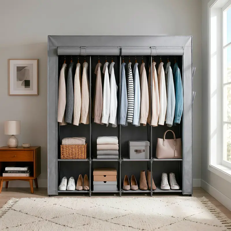 Compact Grey Fabric Wardrobe – 170Cm Tall, Space-Saving Organizer 1