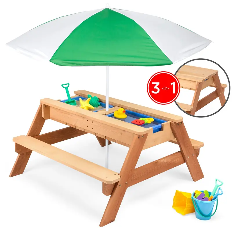 Convertible Sand-And-Water Play Table For Kids – Wooden Picnic Design With Umbrella 1