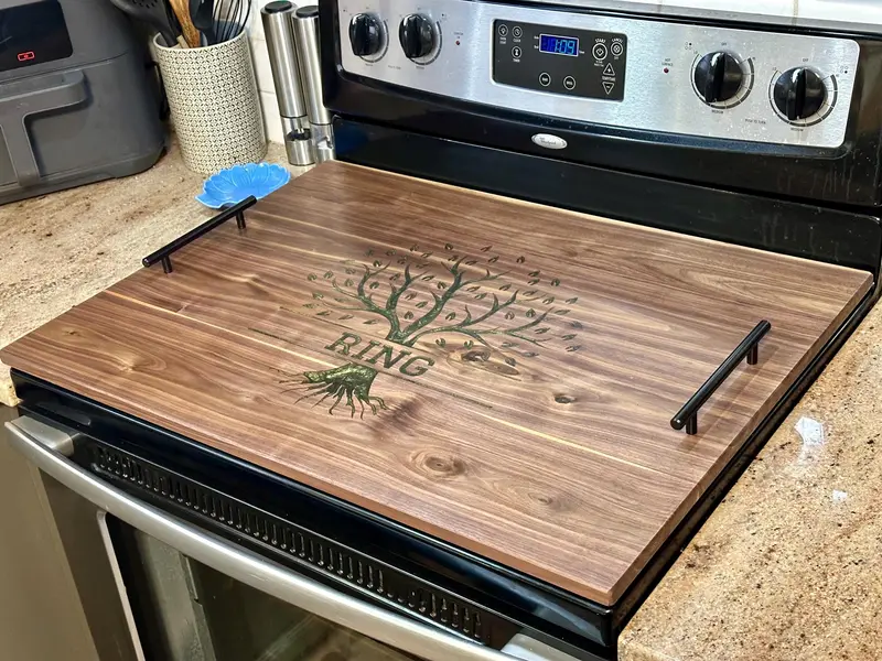 Custom Walnut Stovetop Cover – Personalized Serving & Decorative Kitchen Board 1