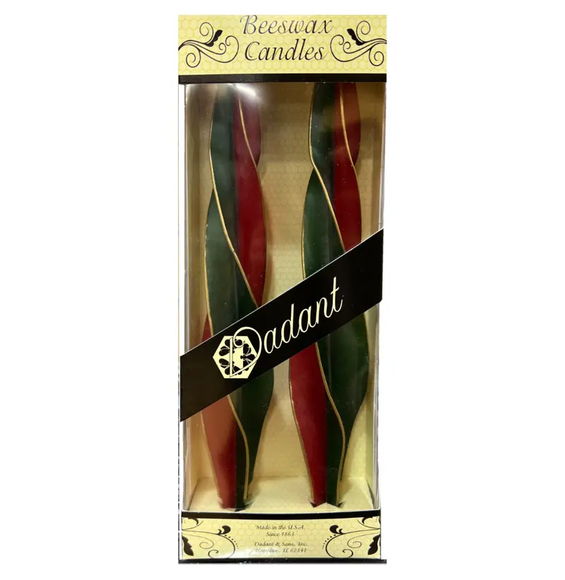 Dadant Holiday Beeswax Candles – Feathered Red & Green Twist Design, 12", 2-Pack 1