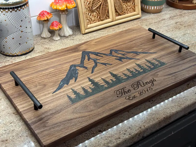 Epoxy-Inlaid Mountain Forest Serving Board With Integrated Handles 1
