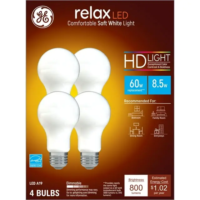 Ge Relax Hd Led A19 Light Bulbs – Soft White, 60W Equivalent, 8.5W, 4-Pack 1