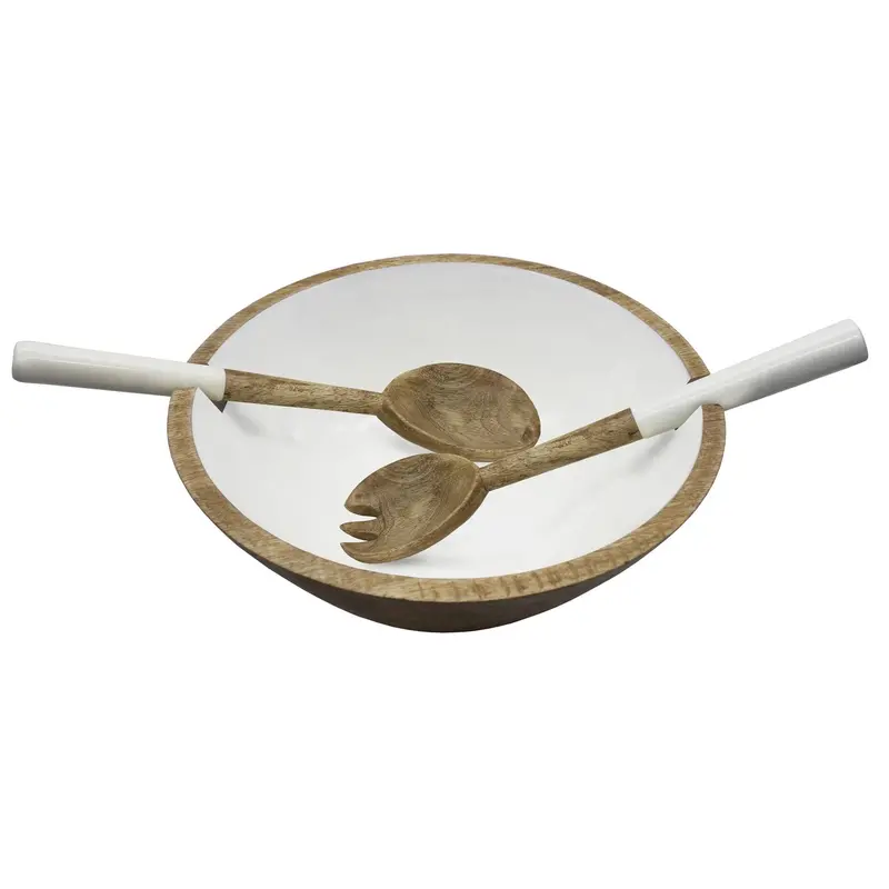 Godinger Wooden Salad Bowl With Enamel Servers – Rustic-Chic Serving Ensemble 1