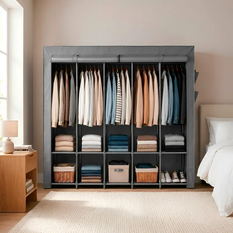 Grey Fabric Portable Wardrobe – 211Cm Tall, Foldable Storage Unit 1