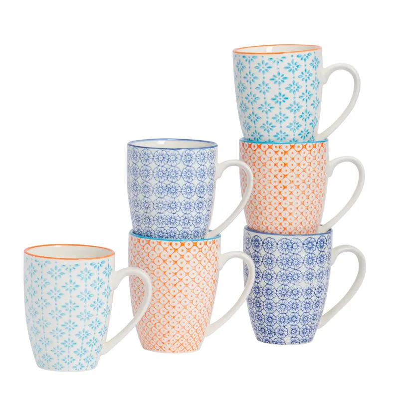 Hand-Printed Floral Stoneware Coffee Mugs – 360Ml Multicolour Set Of Six 1