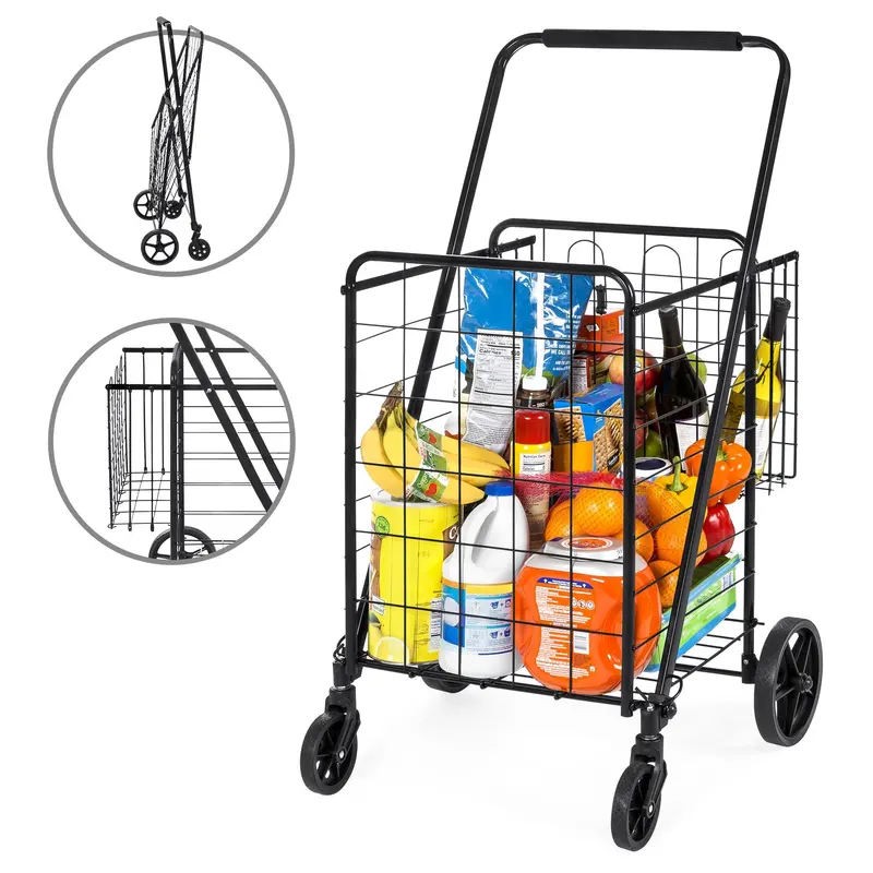 Heavy-Duty Folding Steel Shopping Cart With Bonus Basket And 360-Degree Swivel Wheels 1