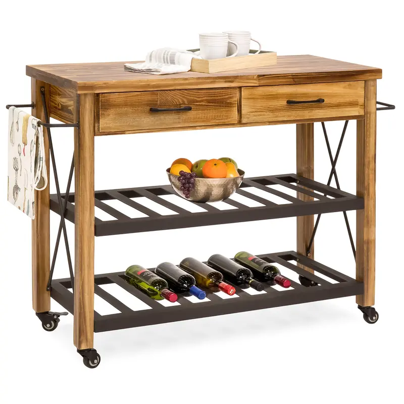 Industrial-Style Mobile Kitchen Cart With Locking Casters And Natural Wood Finish 1