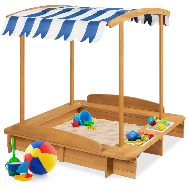 Kids' Wooden Cabana Sandbox With Canopy, Benches & Sand Cover – Includes 2 Buckets & Shade Roof 1