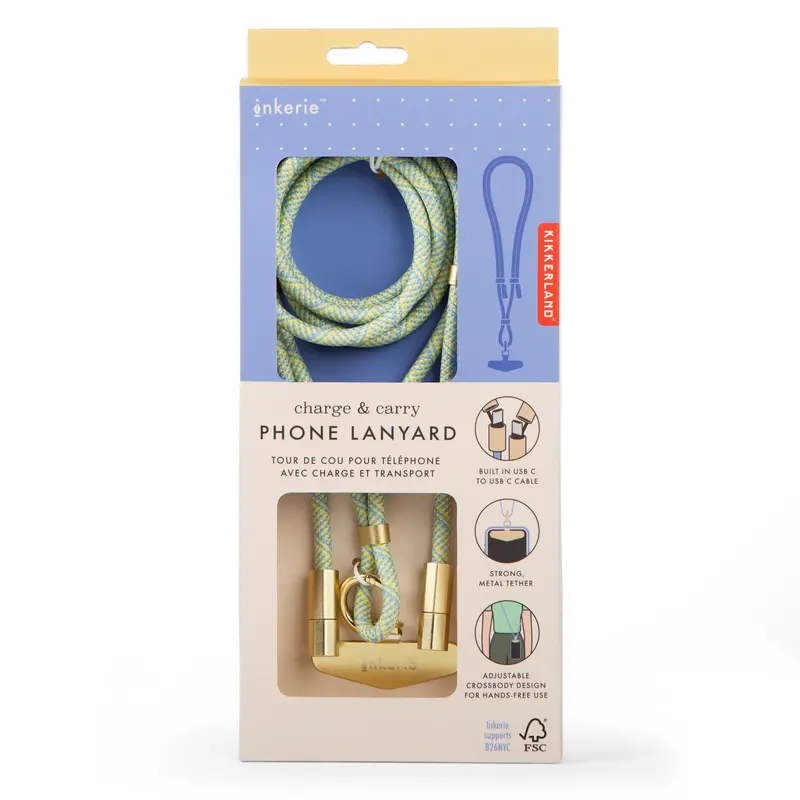 Kikkerland Inkerie Blue-Green Phone Lanyard With Built-In Usb Charging 1