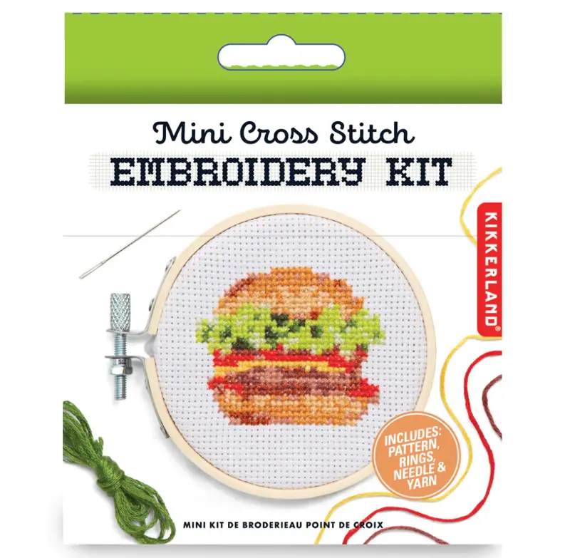 Kikkerland Mini Cross-Stitch Embroidery Kit – Playful Burger Design 1