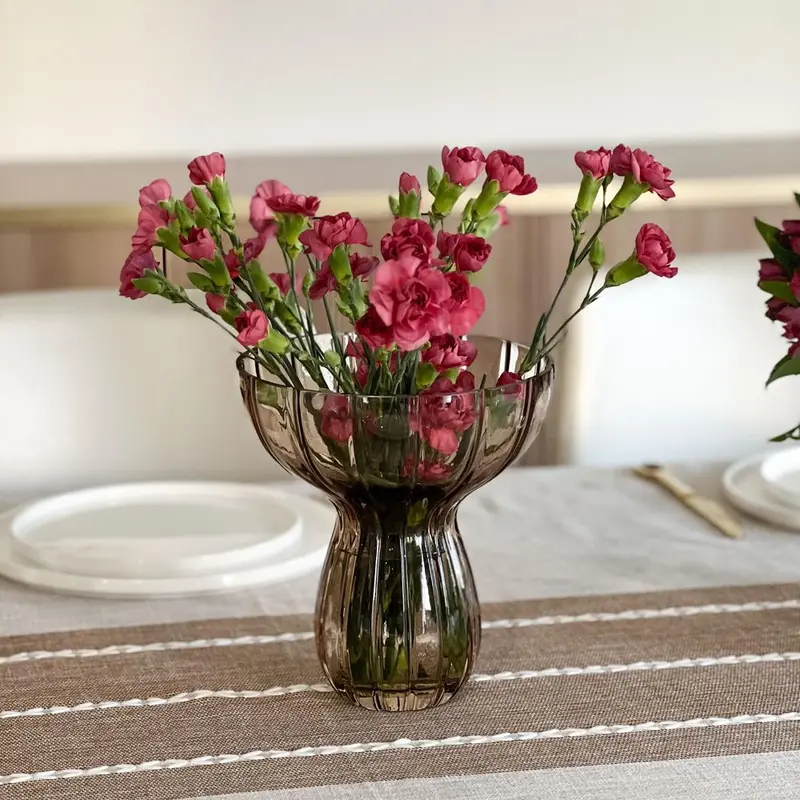 Kinor Amber Ribbed Glass Funnel Vase 1