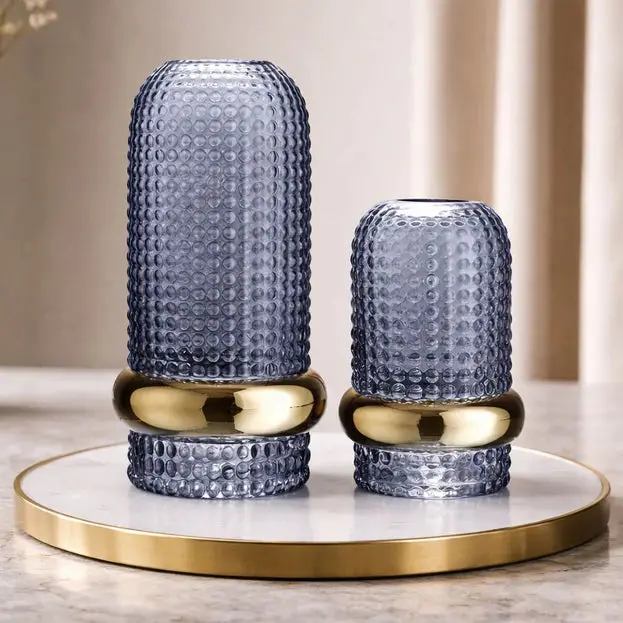 Kinor Blue Hammered Glass Vase With Gold Band Accent 1
