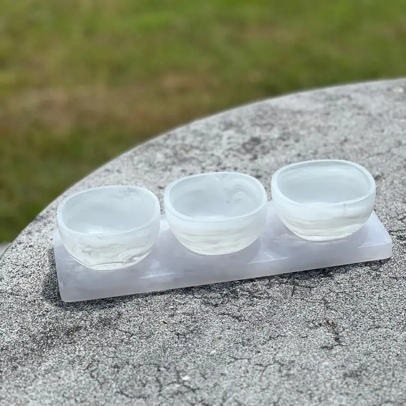 Kinor Resin White Swirl Dip Bowls With Tray – Chic Entertaining Set 1