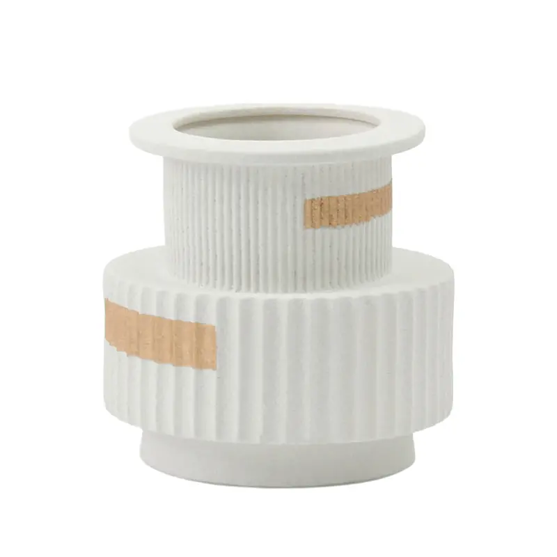 Kinor Ribbed Ceramic Vase With Metallic Gold Accent Stripes 1