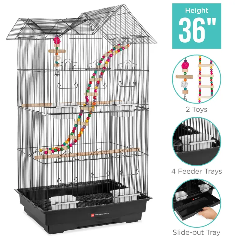 Large Freestanding Iron Birdcage – Outdoor/Indoor Aviary With 4 Feeders, 2 Toys & Slide-Out Tray (36") 1