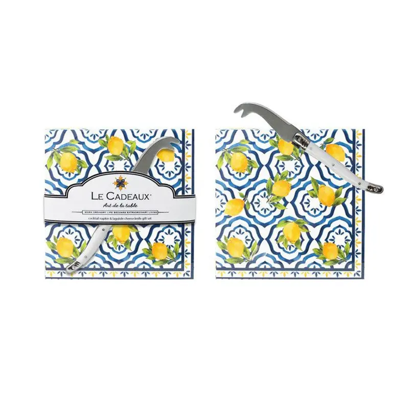 Le Cadeaux Palermo Cocktail Napkin Set – 20 Designer Napkins With Laguiole Mini Cheese Knife 1