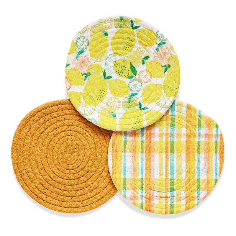Lemon Plaid Cotton Kitchen Trivets – Set Of 3, 8" Each By Werkshoppe 1